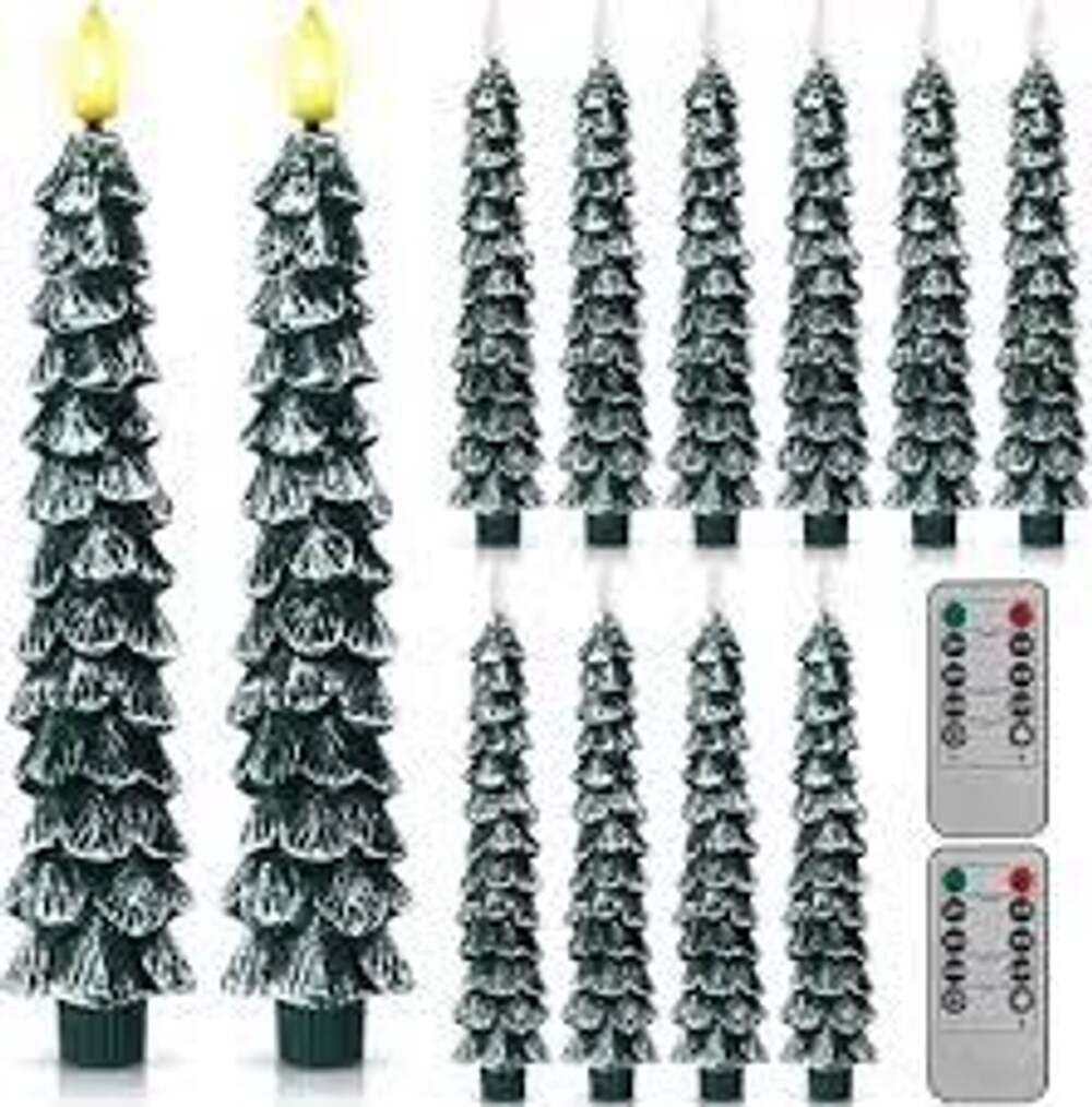 Funtery 12 Pcs LED Flameless Christmas Tree Taper Candles, 9.7" Real Wax Battery